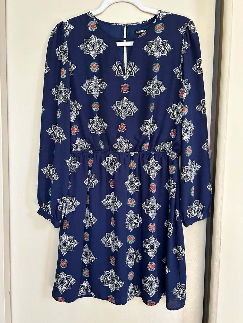 Express Women's Navy Blue Mandala Pattern Long Sleeve Keyhole Dress Size M